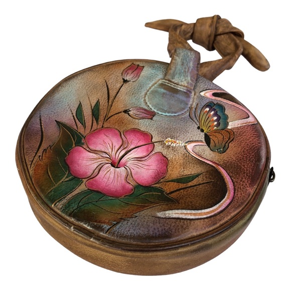 Vintage Anuschka painted leather small round handbag butterflies and flowers - Picture 6 of 11